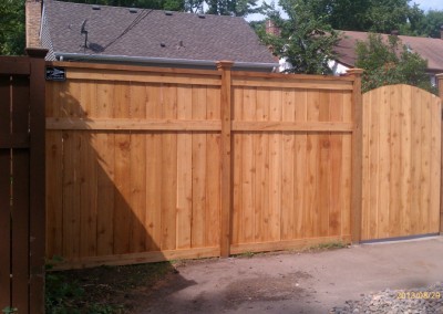 Cedar Privacy Framed Solid Board Fence w/ Section Cap, Post Caps, & Arched Walk Gate